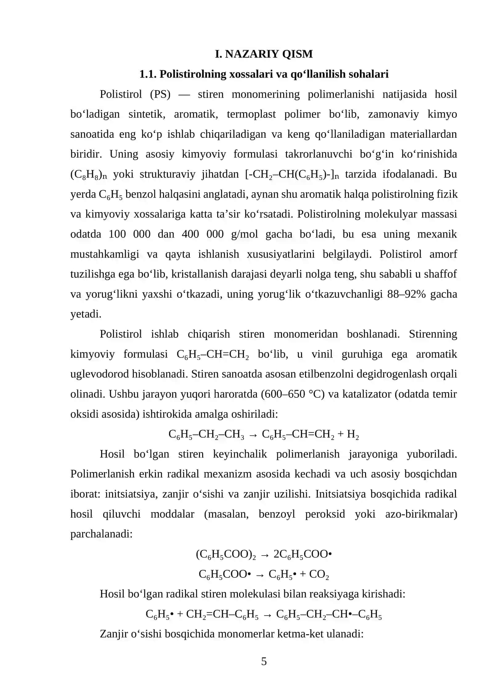 Quvvati Q=8000 t/yil boʻlgan polistirol ishlab chiqaradigan texnologik liniyasini loyihalash 4