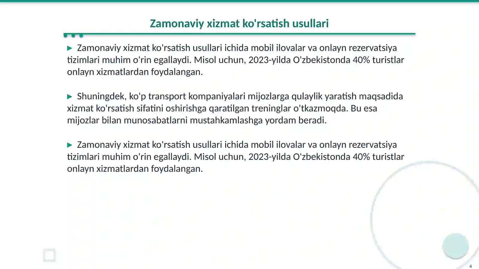 Turistlarga transport vositalarida xizmat koʻrsatishning imkoniyatlari 4