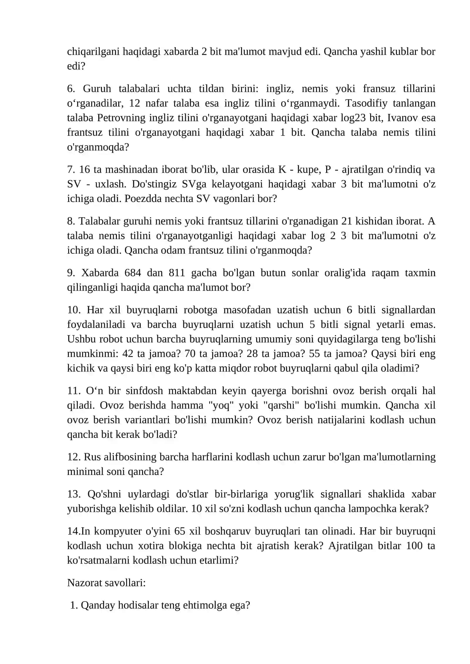 Axborot miqdori varianti 1. Xabardagi axborot miqdorini aniqlash 4