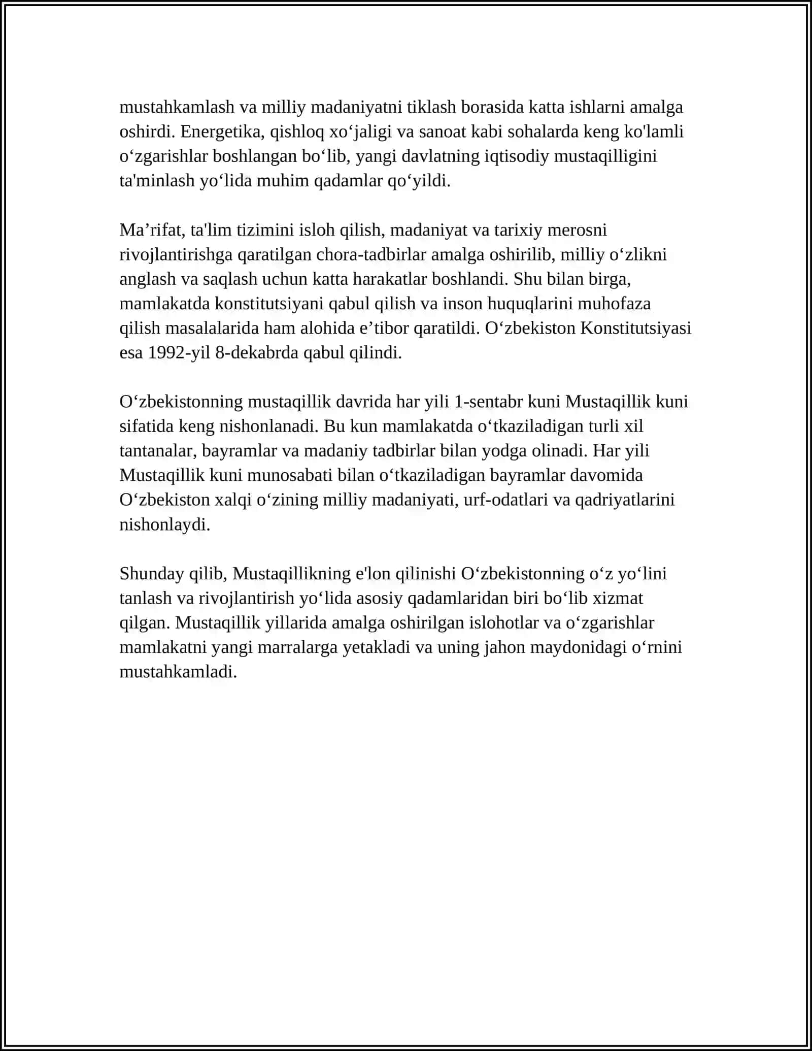 MUSTAQIL O'ZBEKISTON RESPUBLIKASINING TASHKIL TOPISHI VA USING AHAMYATI 4