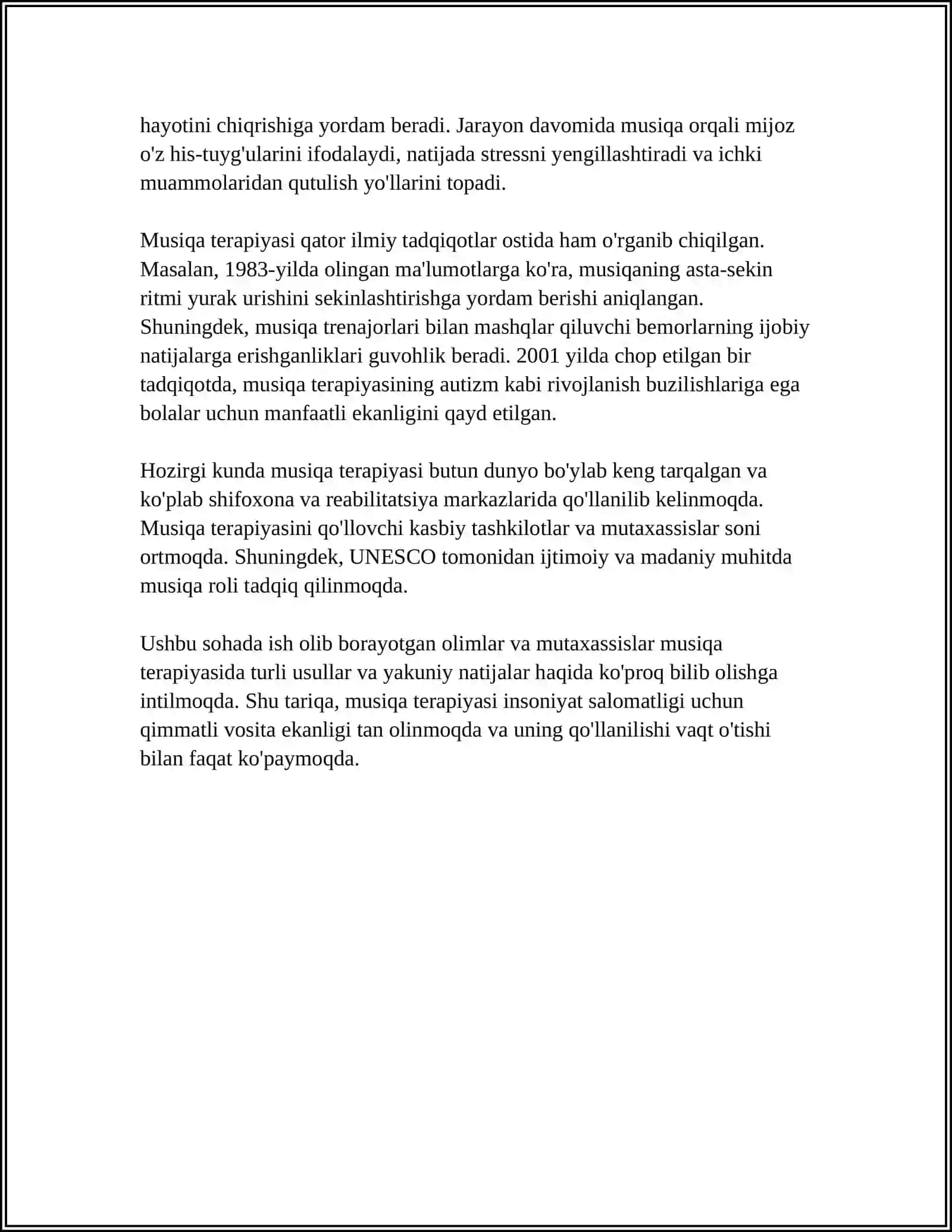 MUSIQA TERAPIYASI VA TURLARI. KITOB TERAPIYASI VA TURLARI. OTA ONALAR BILAN TRENINGLAR OʻTKAZISH USULLARI. MAKTABGACHA TA’LIM TASHKILOTLARIDA MULTIMEDIALARDAN FOYDALANISH. MEDATA’LIMNING ASOSIY MAZMUNI 4