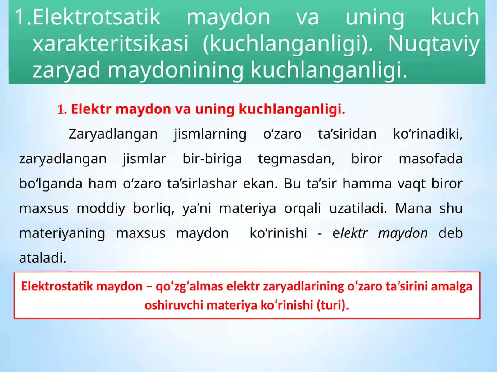 Mavzu:Elektrotsatikmaydon va uning kuch xarakteritsikasi (kuchlanganligi). Nuqtaviy zaryad maydonining kuchlanganligi. Elektr maydonlarining superpozitsiya printspi. Elektr maydonini grafik usulda tasvirlash. Elektr maydonining kuchlanganlik chiziqlari va oqimi. Elektrostatik maydon uchun Gaus teoremasi va uning isboti 4