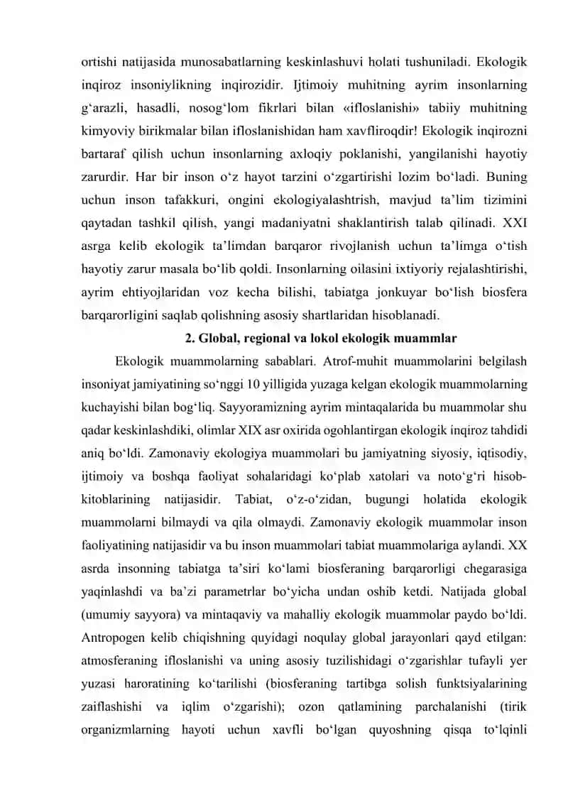 EKOLOGIK MUAMMOLARNING MOHIYATI, OQIBATLARI VA HAL ETISH YO‘LLARI. EKOLOGIK MADANIYAT. 4