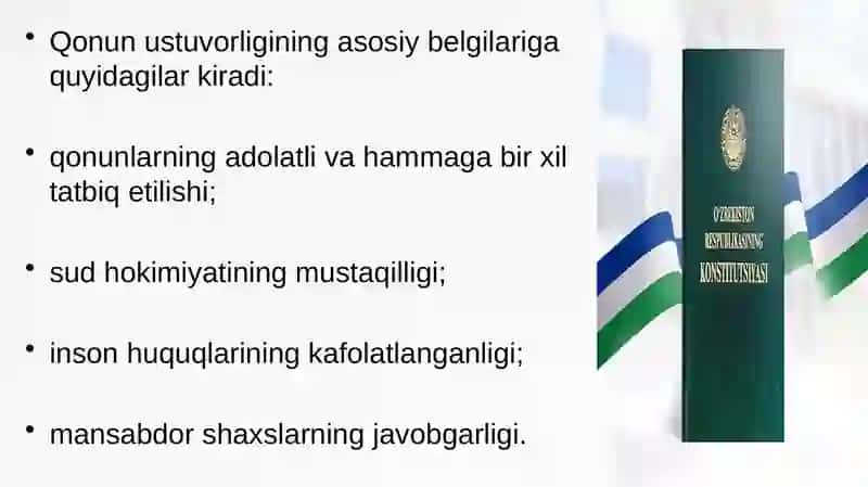 O’zbekistonda qonun ustuvorligini ta’minlashning demokratik soslari.Korrupsiya va unga qarshi kurashishning mazmun mohiyati 4