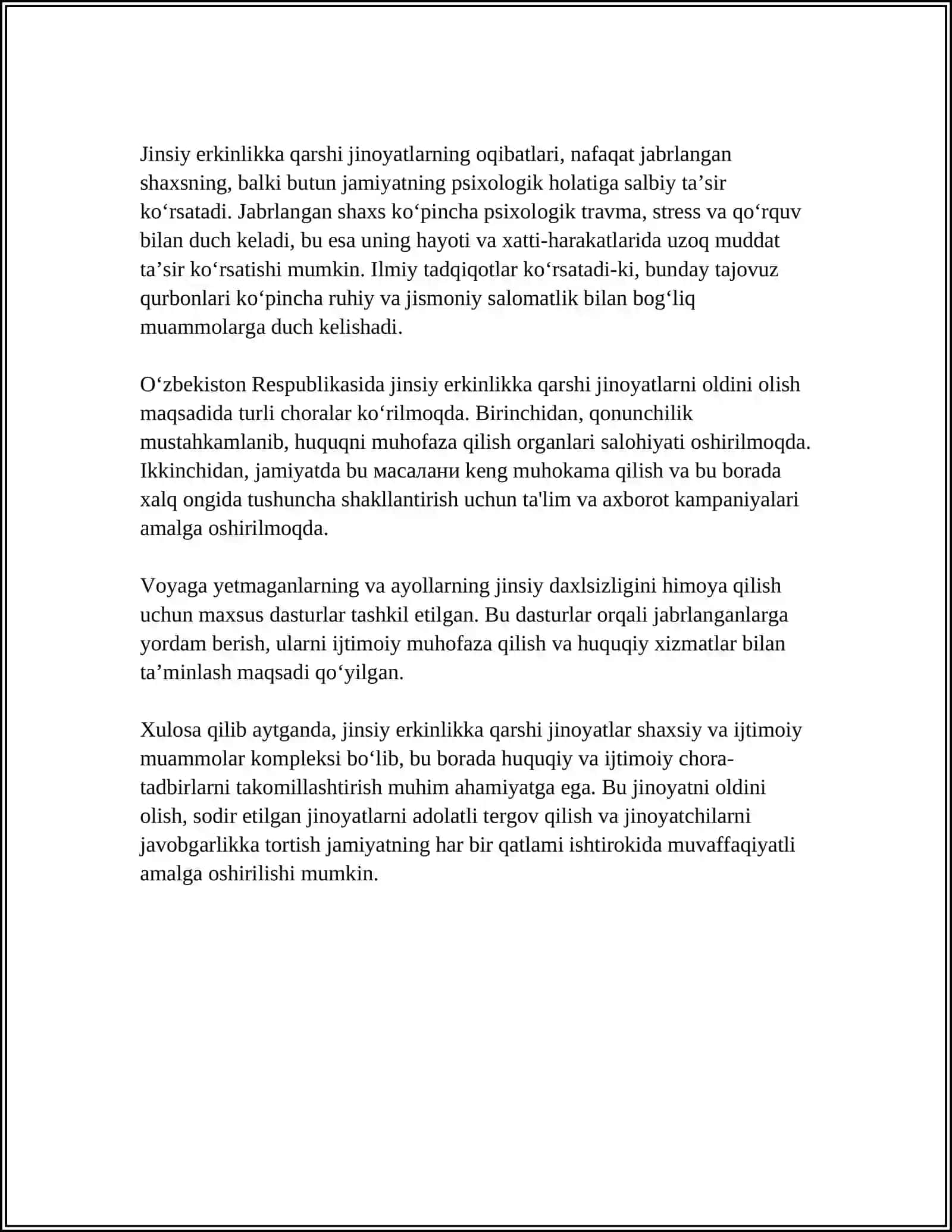 JINSIY ERKINLIKKA QARSHI JINOYATLAR TUSHUNCHASI VA O'ZIGA XOS XUSUSIYATLARI TUSHUNCHASI VA UNING MAZMUN MOHIYATI 4