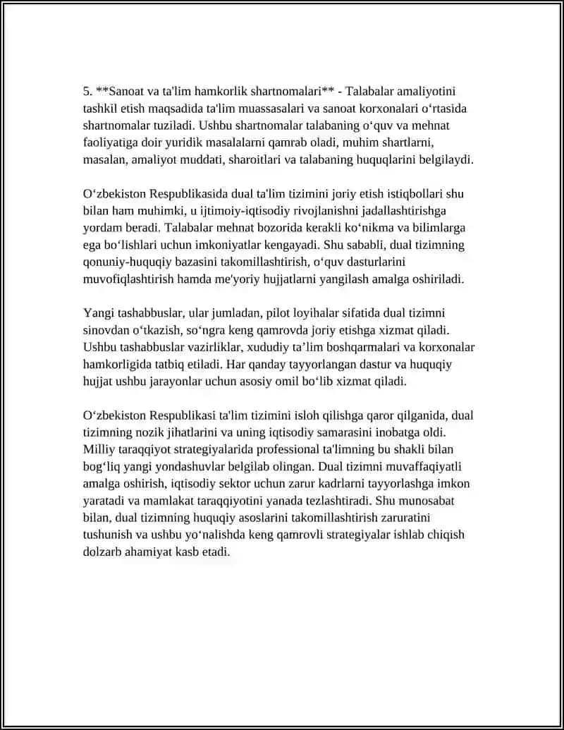 Dual o‘qitish tizimini joriy etishda quyidagi huquqiy elementlar muhim ahamiyat kasb etadi 4