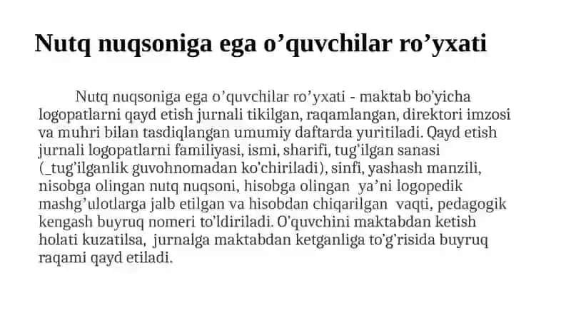 Maxsus ta’lim tizimida logoped yuratidigan ish hujjatlari 4