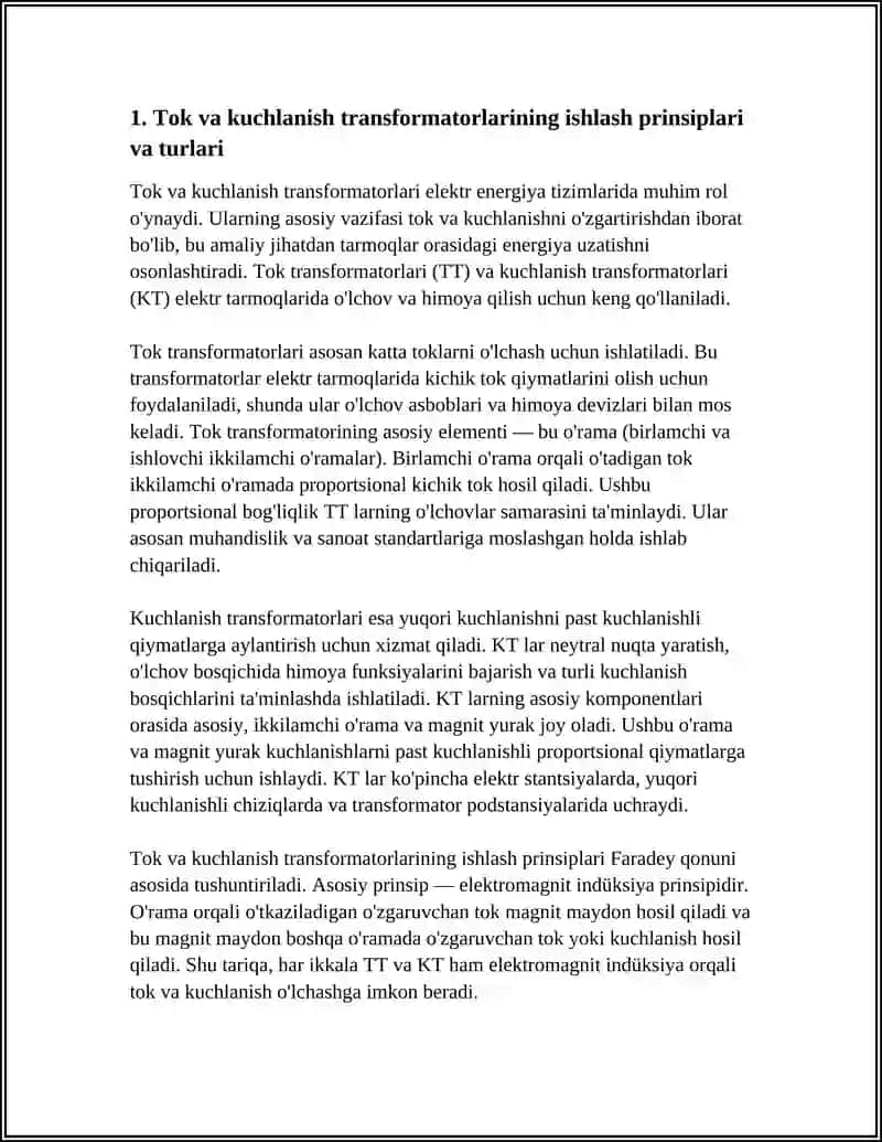 TOK VA KUCHLANISH TRANSFORMATORLARNI TEKSHIRISH.TOʻGʻRILAGICH QURILMLARI UCHUN TRANSFORMATORLAR.PAYVANLASH APPARATLARI UCHUN TRANSFORMATORLAR 4