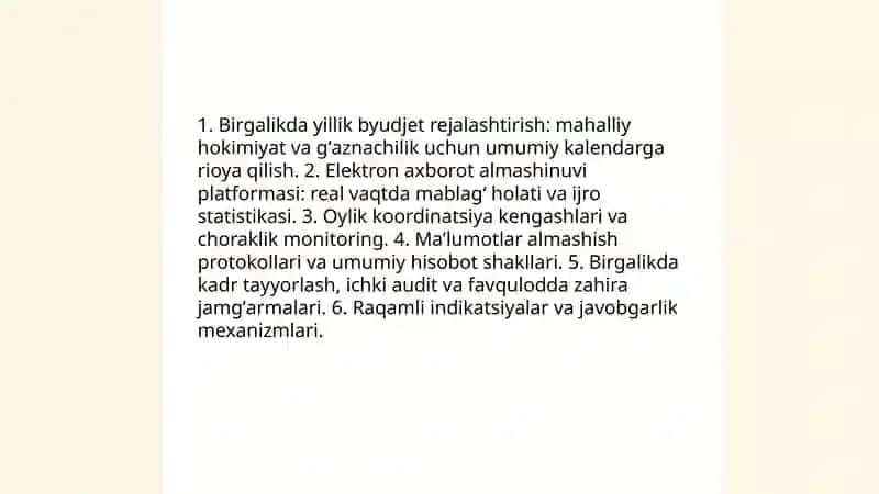 Davlat byudjeti ijrosini taʼminlashda hududiy gʻaznachilik organlari faoliyatidan foydalanishni yaxshilash 4