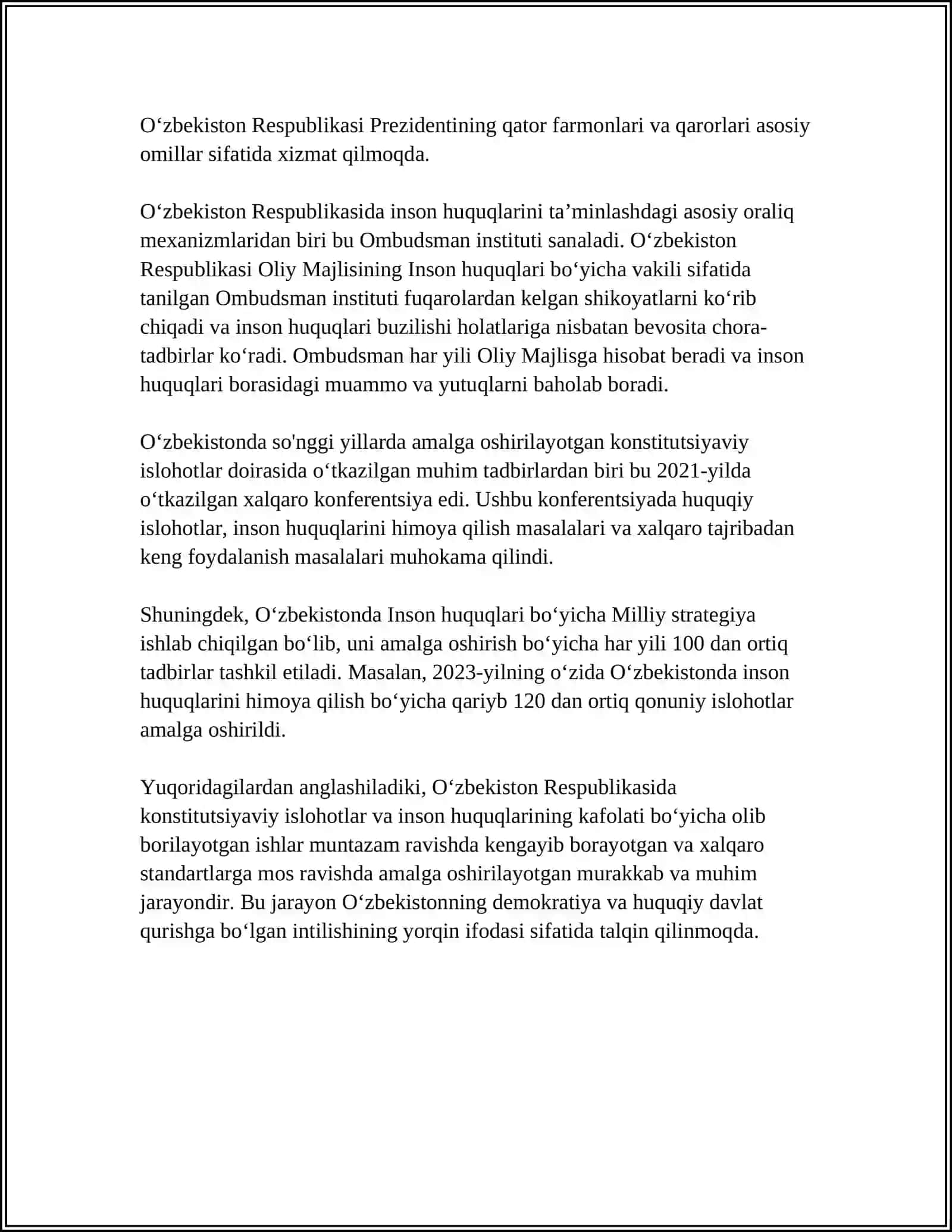 YANGI OʻZBEKISTONDA INSON HAQ-HUQUQLARI VA ERKINLIKLARI KAFOLATINING YARATILISHI 4
