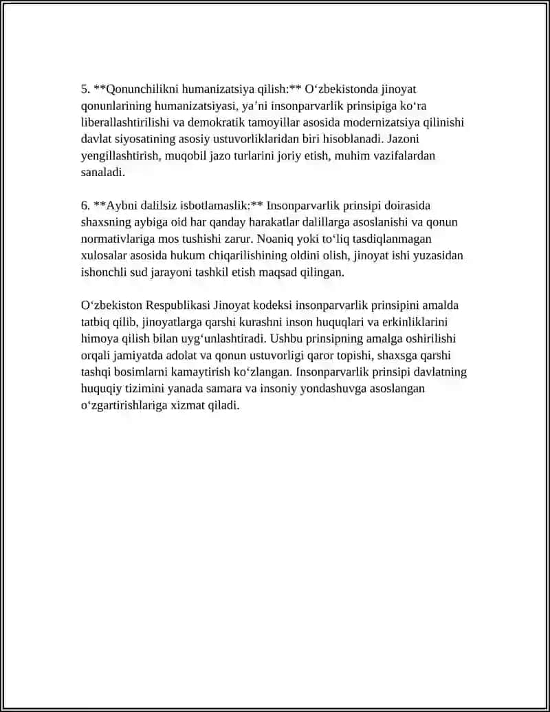 O'ZBEKISTON RESPUBLIKASI JINOYAT KODEKSINING INSONPARVARLIK PRINSIPI MAZMUN MOXIYATINI OCHIB BERING 4