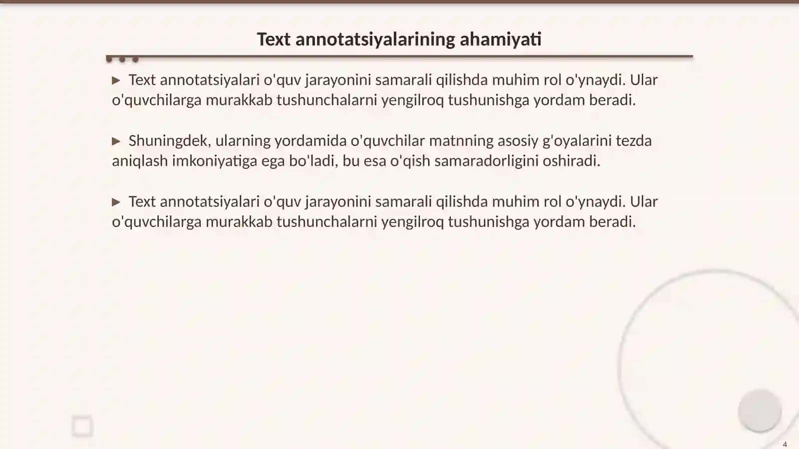 Annotatsiya elementlari text, demension, leader nima va qanday qo’llaniladi 4