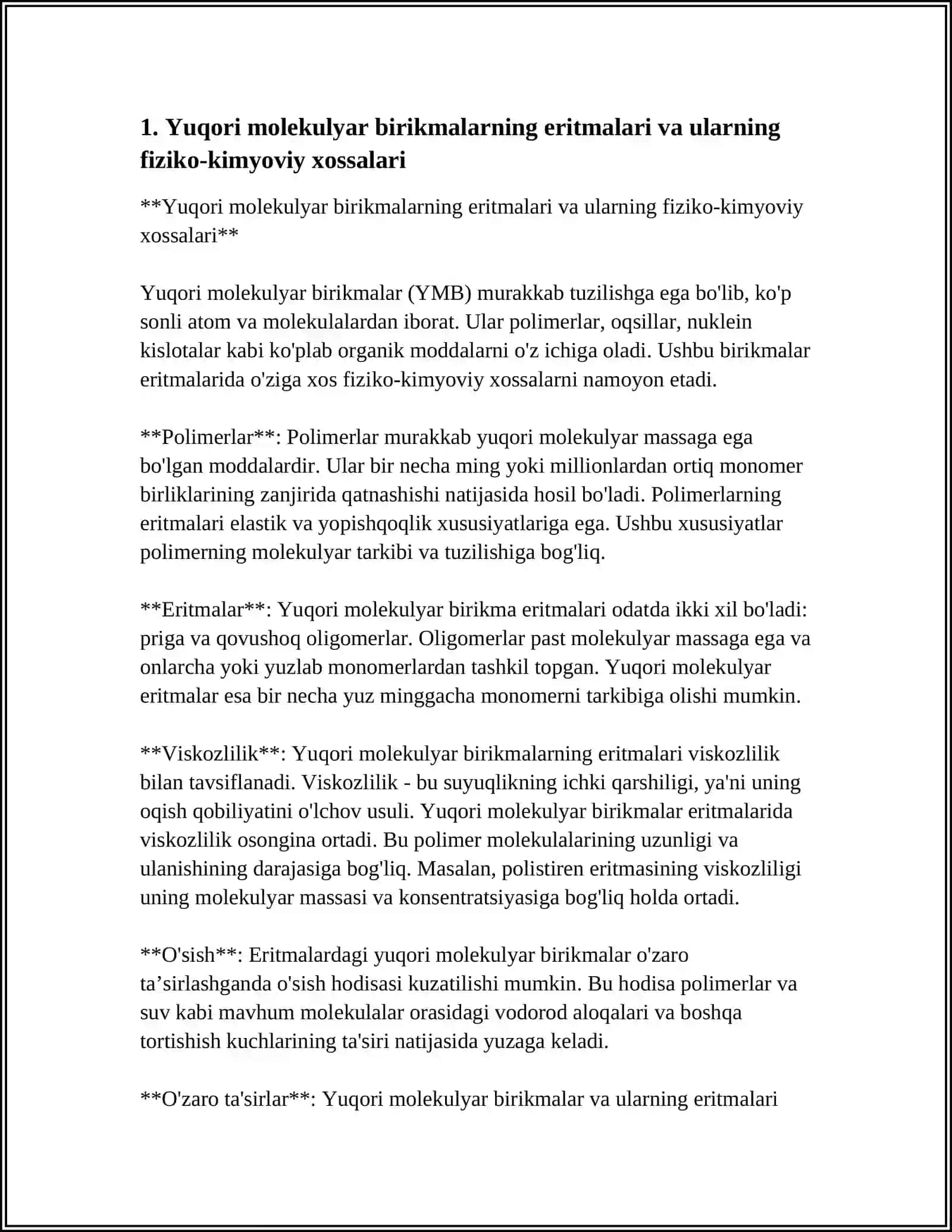 Yuqori molekulyar birikmalar eritmalarning xossalari 4