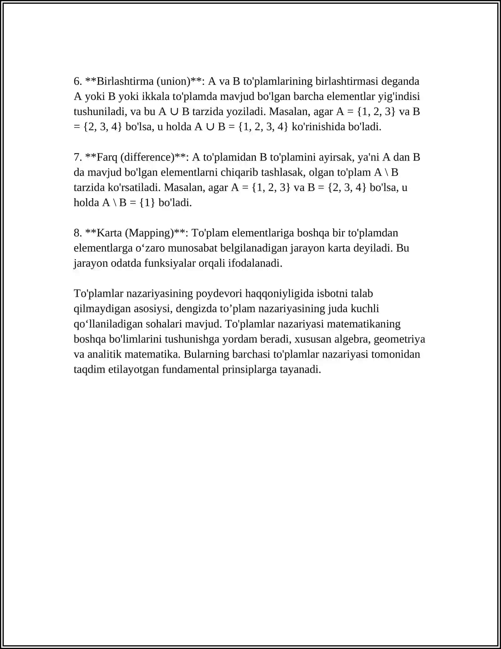 MUSTAQIL ISH Mavzu: TOʻPLAMLAR VA ULAR USTIDA AMALLAR 4