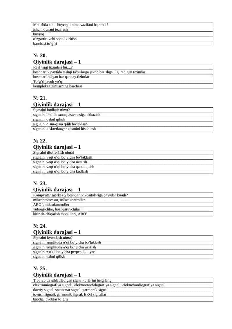 Tizim va signallarni qayta ishlash Test(o‘zbekcha) 4