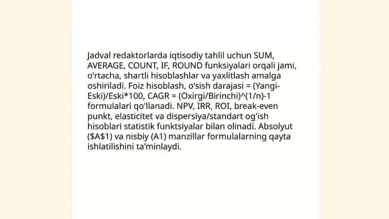 Iqtisodiy axborotlarni jadval redaktorlari vositalaridan foydalangan holda qayta ishlash dasturlari 4