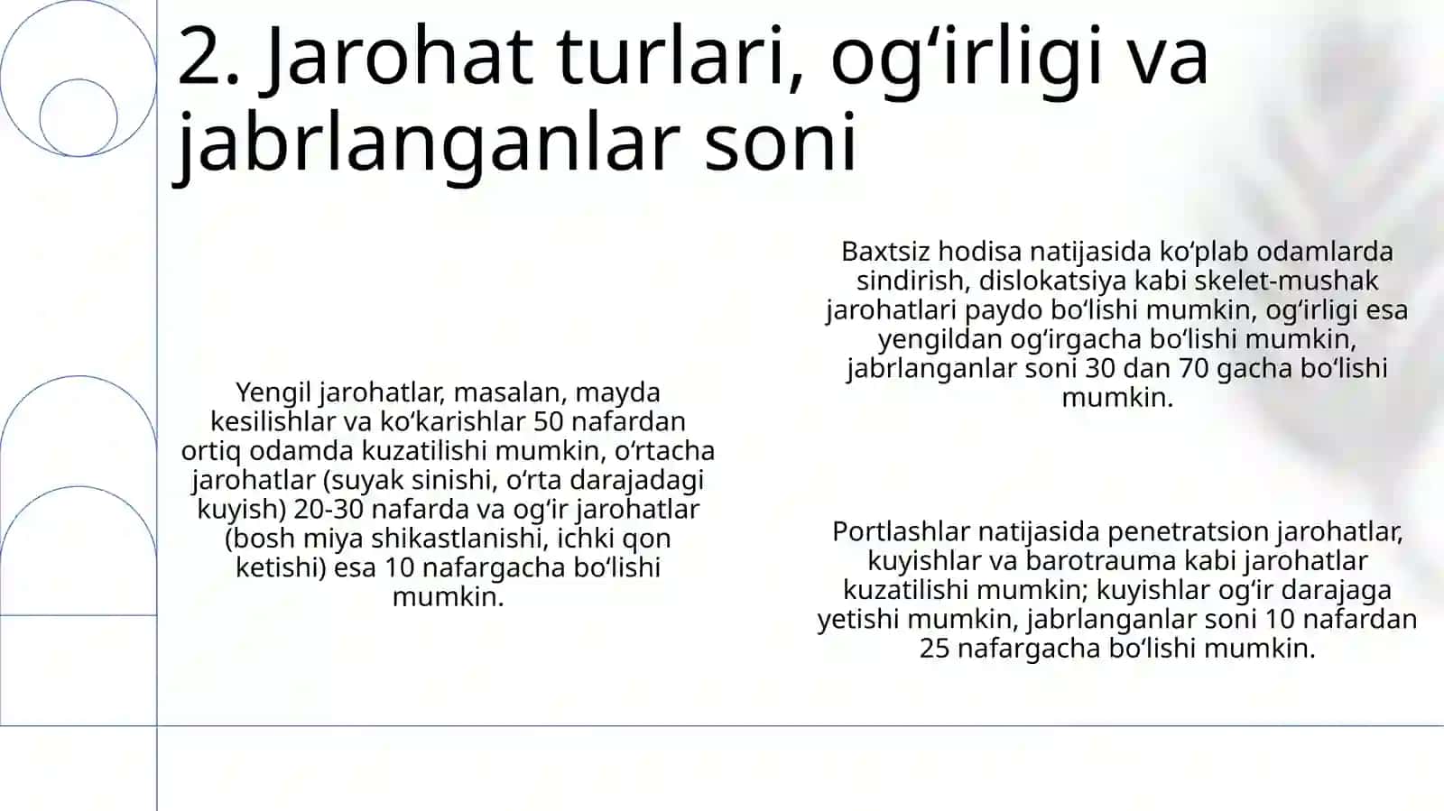 Favqulodda vaziyatlarda vujudga keluvchi jaroxatlanish o'choqlarining tibbiy - taktik tavsifi 4