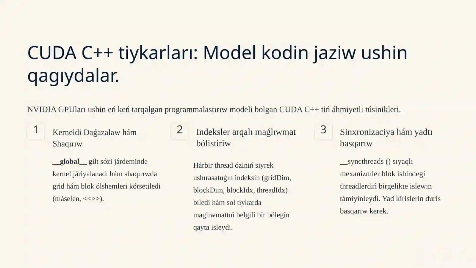 GPU Programmasınıń model kodin dúziw: tiykarları hám ámeliy jantasıwlar. 4