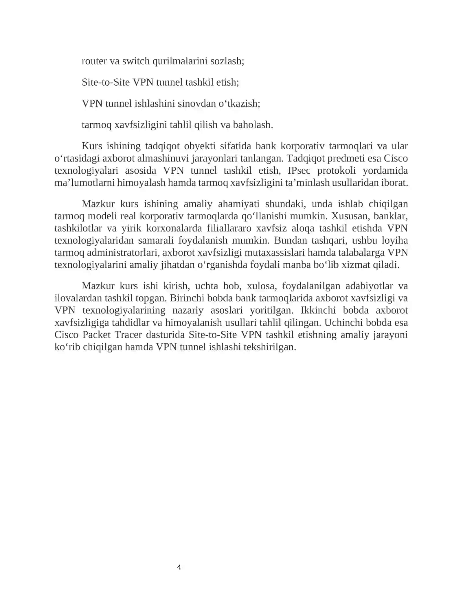 Korporativ bank tarmog‘ida Cisco texnologiyalari asosida Site-to-Site VPN yordamida filiallararo xavfsiz ma’lumot almashinuvini tashkil etish 4