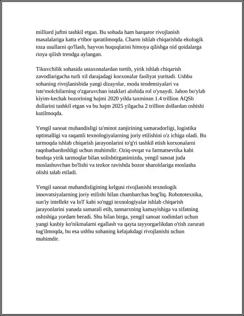 MUSTAQIL ISH Mavzu: YENGIL SANOAT MUXANDISLIGI 4