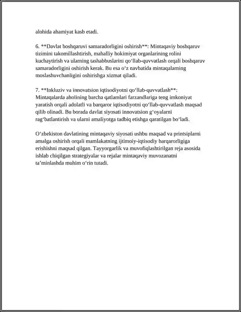 O‘ZBEKISTONDA DAVLATNING MINTAQAVIY SIYOSATINING MAQSADLARI VA USTUVOR YO‘NALISHLARI Referat 4