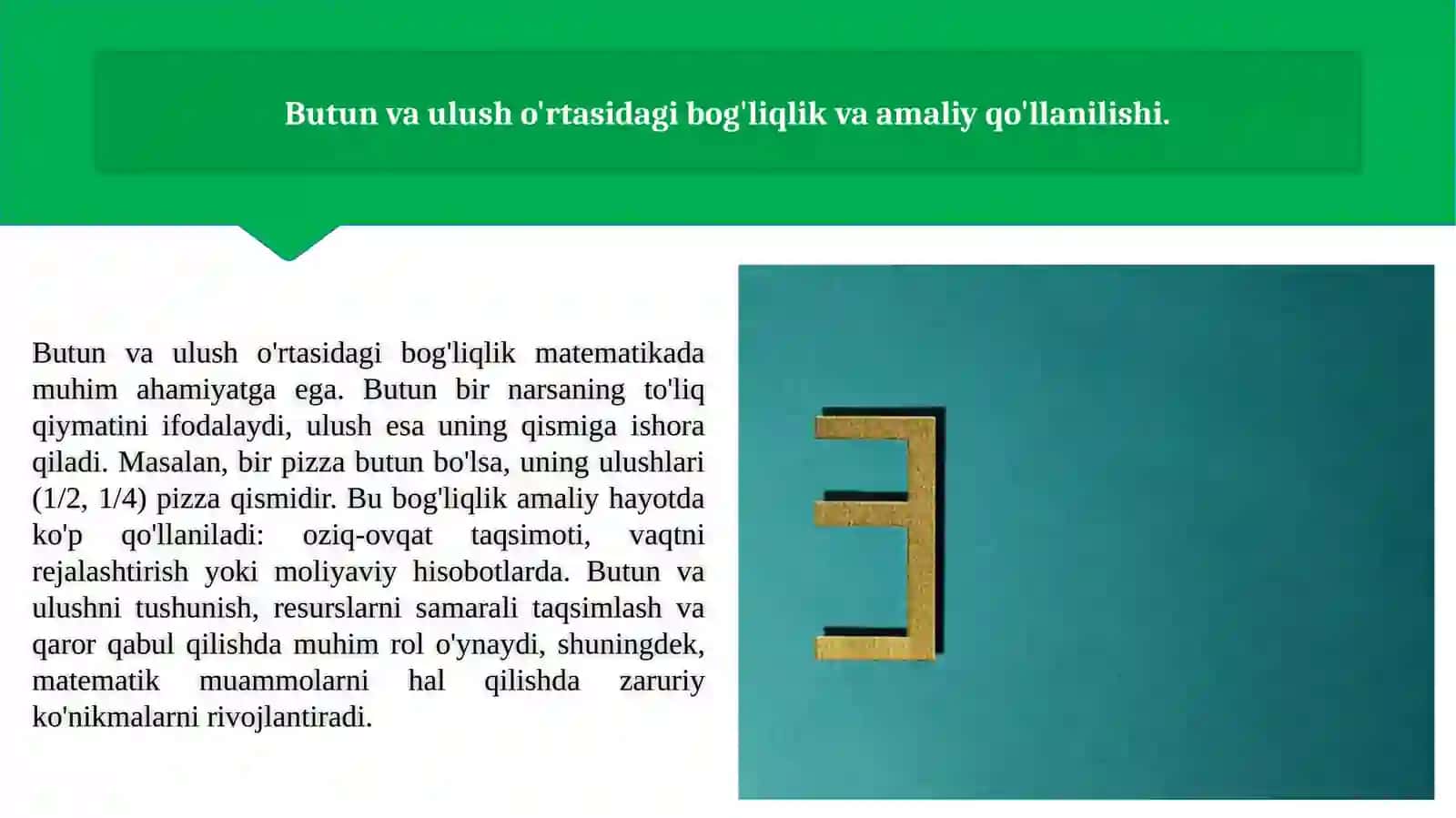 Butunning ulushi. Butunning ulushini topish. Ulushga ko‘ra butunni topish 4