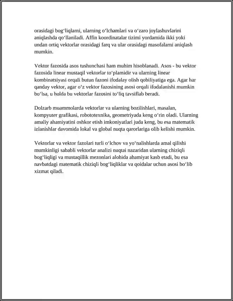 VEKTORLARNING CHIZIQLI BOGʻLIQLIGI.AFFIN KOORDINATALARI HAQIDA TUSHINCHA 4