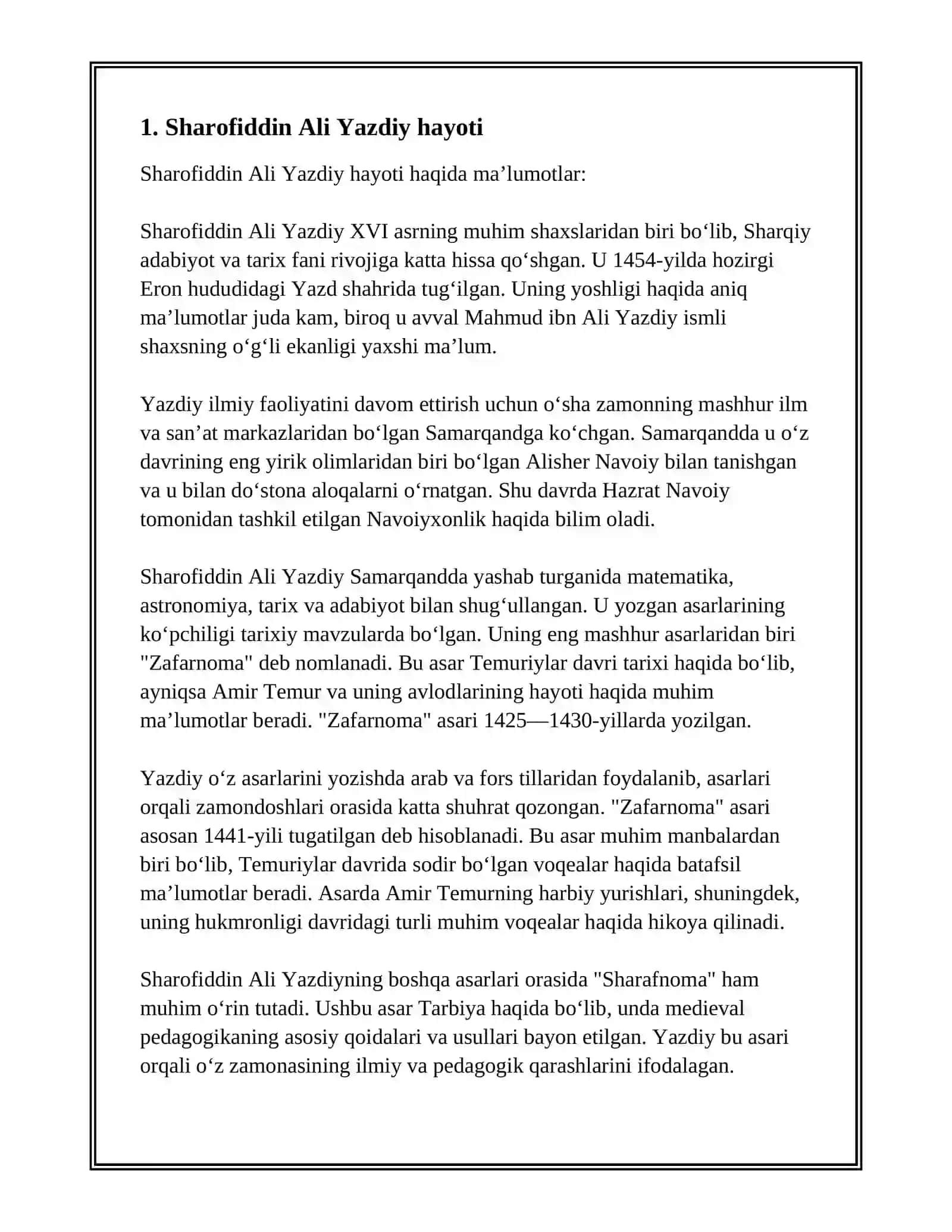 SOʻNG SHAROFIDDIN ALI YAZDIY SULTONIYA, RAY VA QUM VILOYATLARI HOKIMI BOʻLGAN SHOHRUXNING NABIRASI SULTAN MUHAMMAD XIZMATIGA OʻTADI. 1445—46-YILLAR MUHAMMAD SULTONNING MARKAZIY XUKUMATGA QILGAN ISYONIGA ARALASHIB QOLGAN SHAROFIDDIN ALI YAZDIY ULUGʻBEKNING OʻG'LI ABDULLATIF TOMONIDAN JAZODAN SAQLAB QOLINADI VA HIROTGA YUBORILADI. KAMOLIDDIN ABDULVOSEʼ AN NIZOMIYNING "MAQOMOTI MAVLAVIY JOMIY" ASARIDA KELTIRILISHICHA, SHAROFIDDIN ALI YAZDIY HIROTGA KELIB, JOMIYNING SUHBATIDA 4