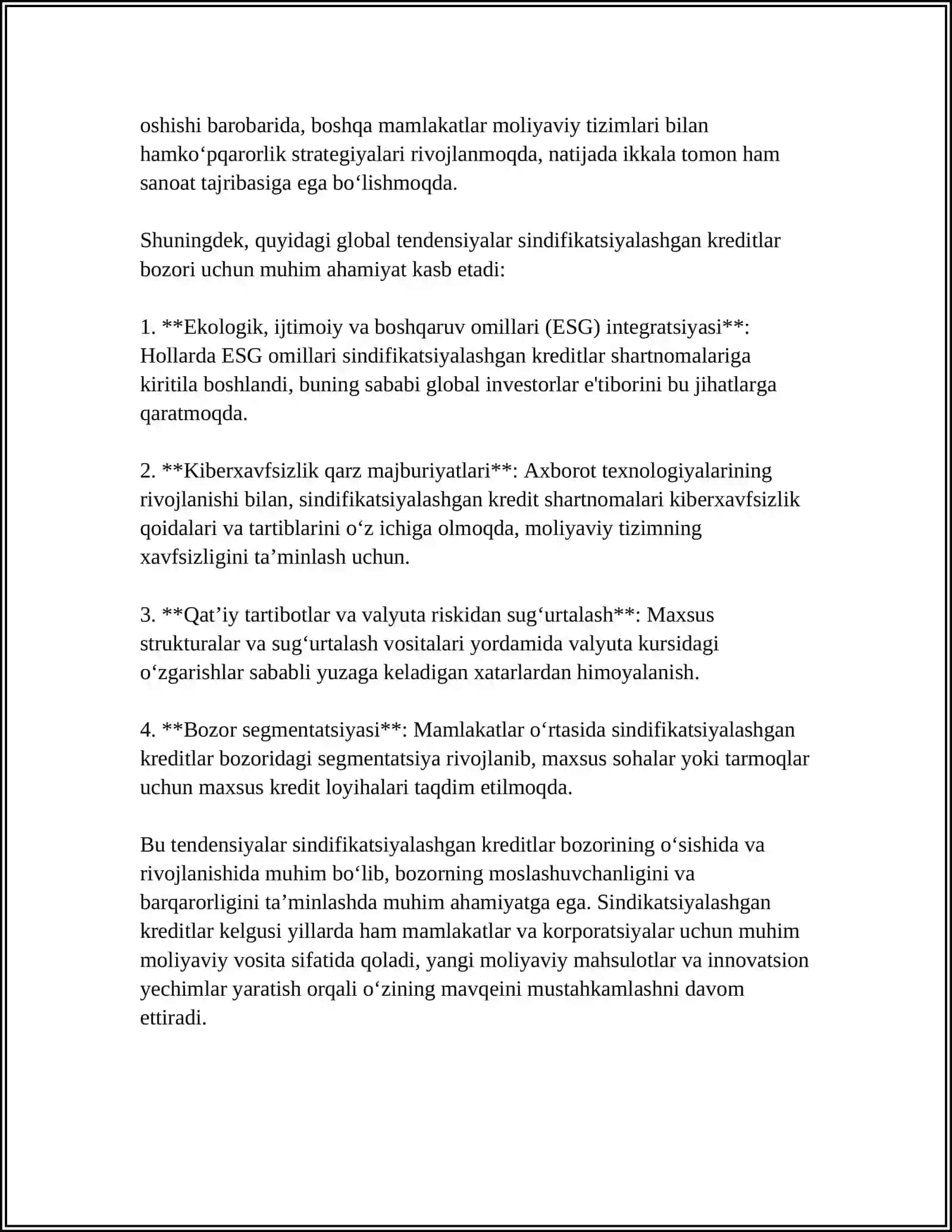 Xalqaro Kredit Bozorlarida Sindifikatsiyalashgan Kreditlar Mavqeini Oshirish 4