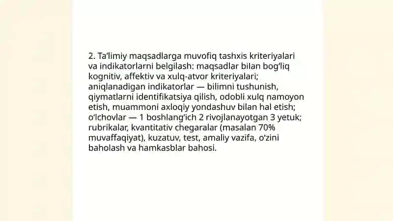 Tarbiya fanini oʻqitishda oʻquvchilarning bilim koʻnikma va malakalarini tashxis etish 4