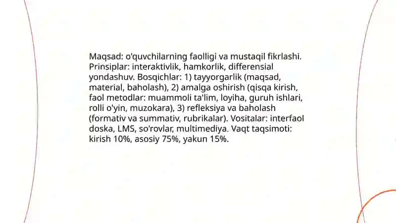 Yangi pedagogik texnologiya va faol pedagogik metodlar asosida dars ishlanmalarini tuzish va tahlil qilish 4