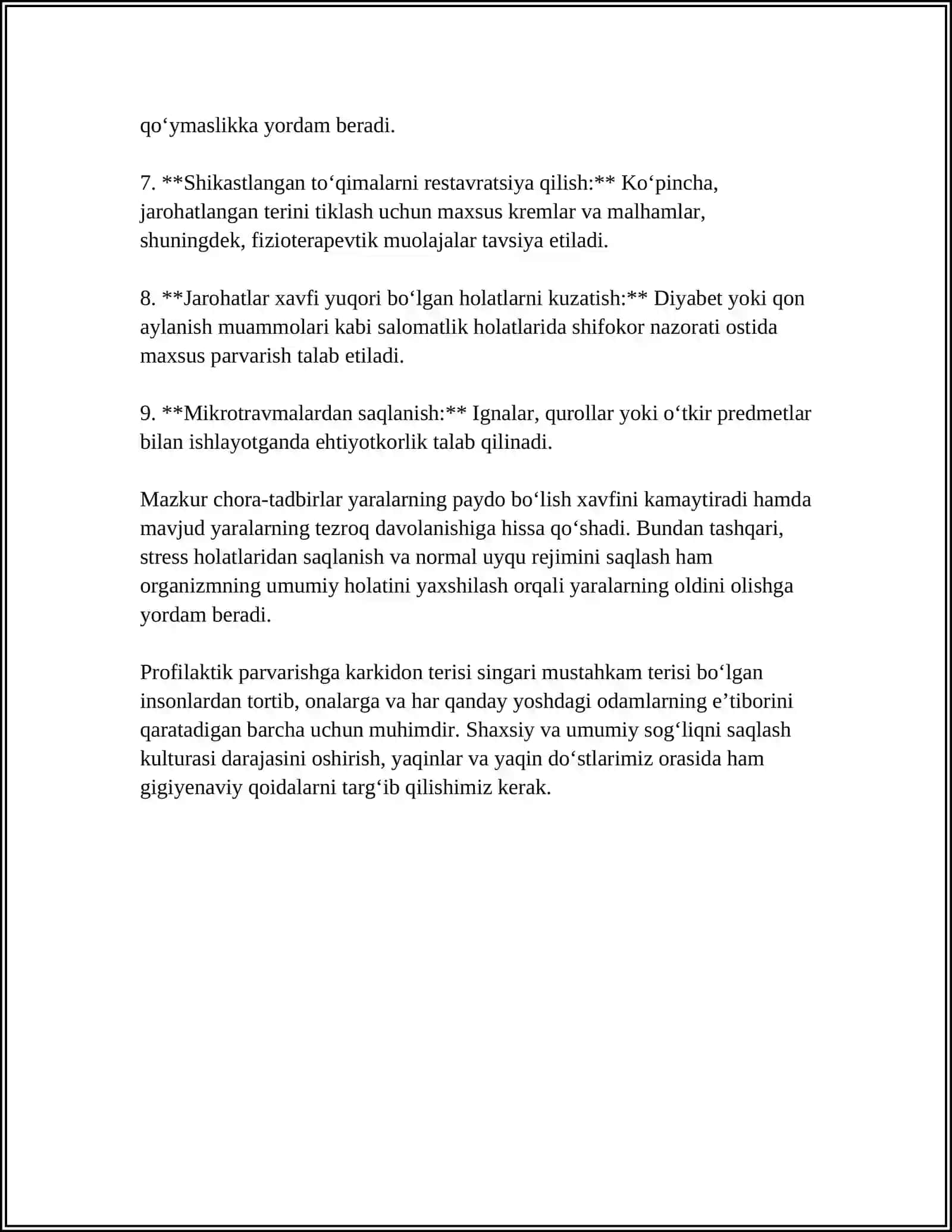 YOTOQ YARALAR PROFILAKTIKASI.BEMORNI TÓSHAKTAGI XOLATI 4