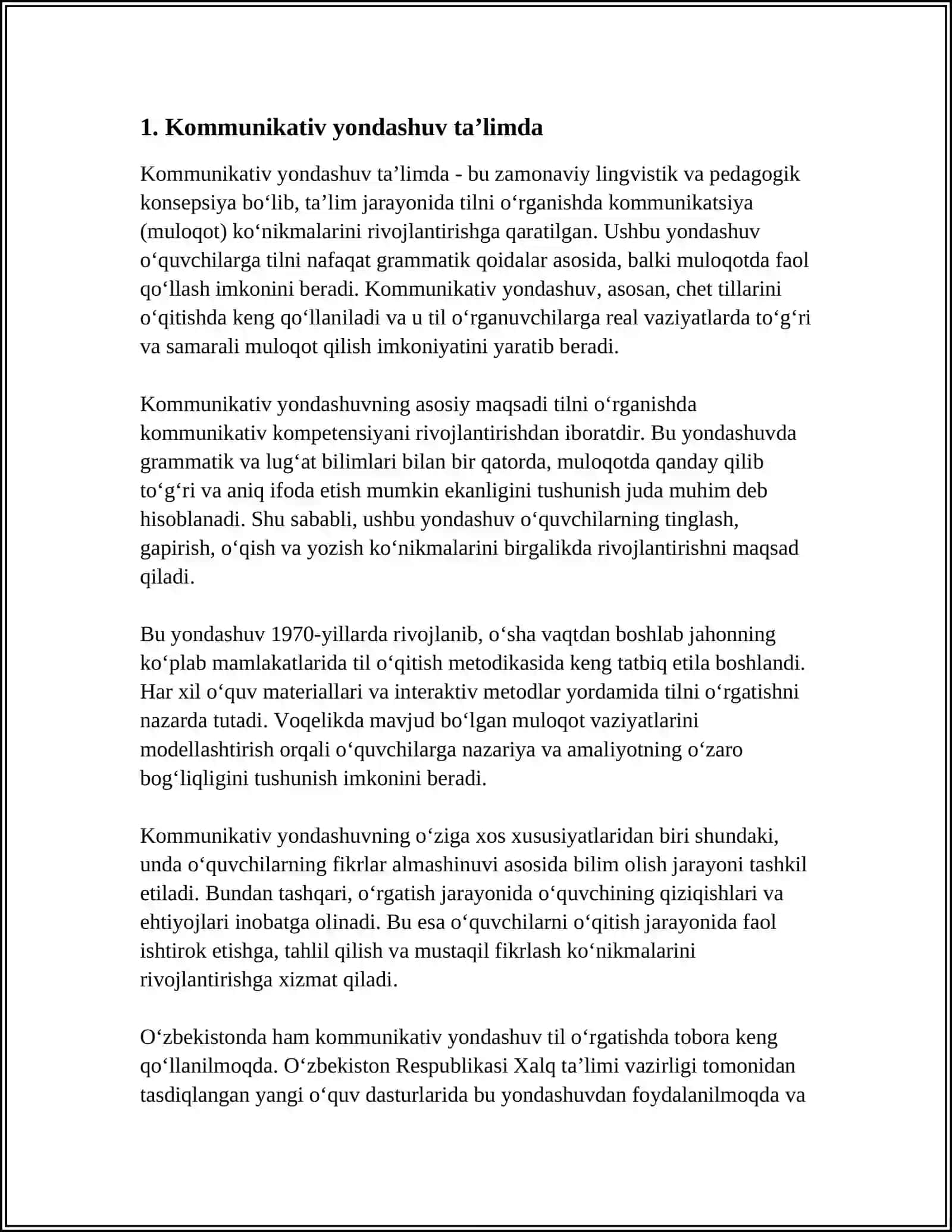 TIL TAʼLIMIGA ZAMONAVIY YONDASHUVLAR:KOMMUNIKATIV,INTEGRAR VA KOMPETENSIYAVIY YONDASHUVLAR 4