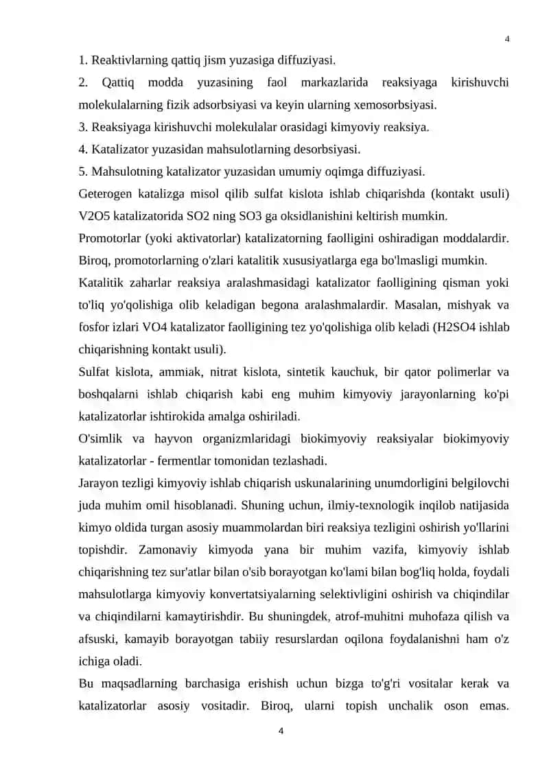 Ekspluatatsiya sharoitlari va reaksion muhit ostida katalizator faolligining o'zgarishi tabiati. Termik va kimyoviy zararsizlantirish 4
