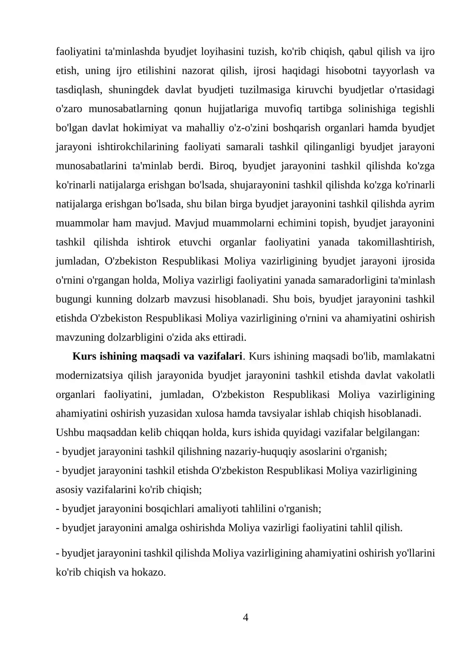 Byudjetlararo munosabatlarning jahon tajribalarini milliy iqtisodiyotda qo’llash muammolari va istiqbollari mavzusida kurs ishi 4