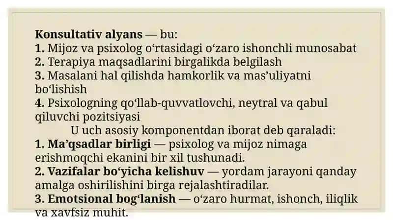 ’Konsultativ alyans’’, ’’Muammoli diagnostika’’, samaradorlik sharti va psixologik vositachilik 4