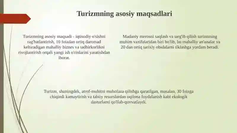 Turizm va mehmondoʻstlikning maxsad va vazifalari 4