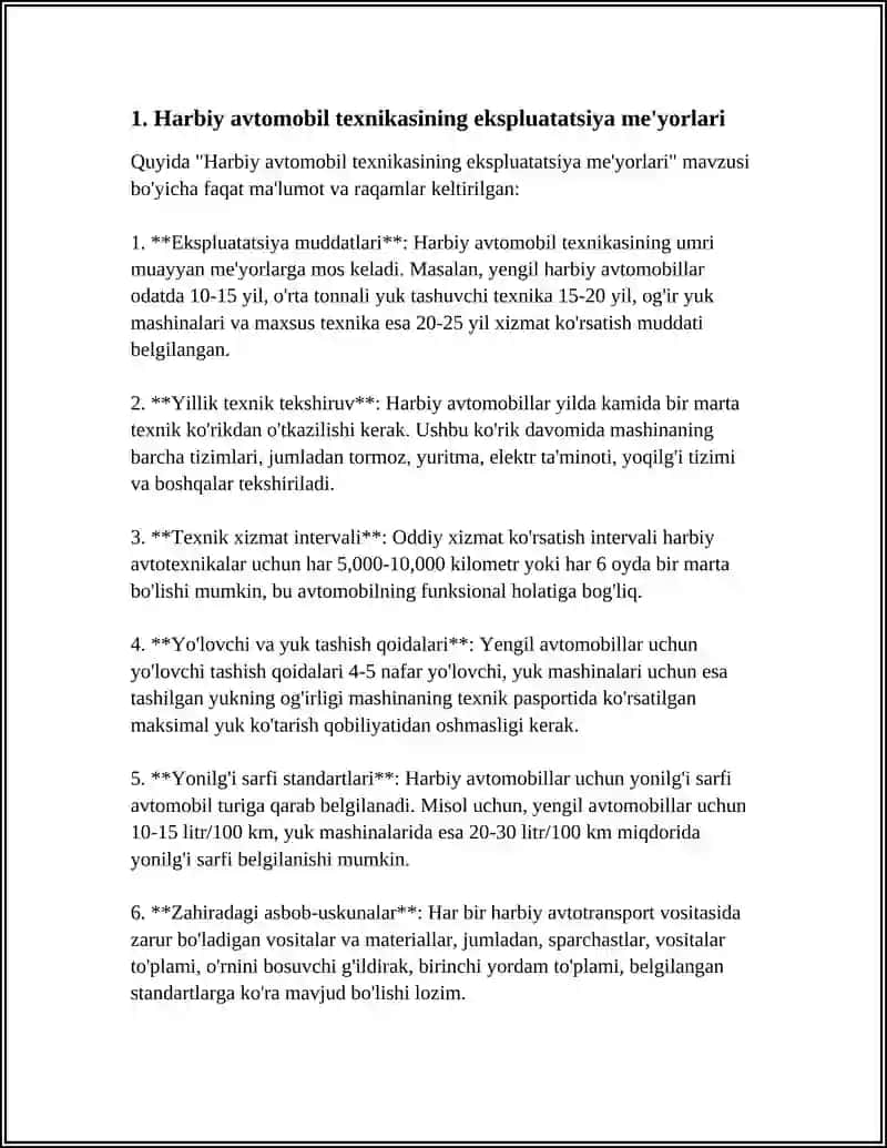 REFERAT Mavzu: HARBIY AVTOMOBIL TEXNIKASI EKSPLUATATSIYA BOʻYICHA ASOSIY QOIDALAR. 4