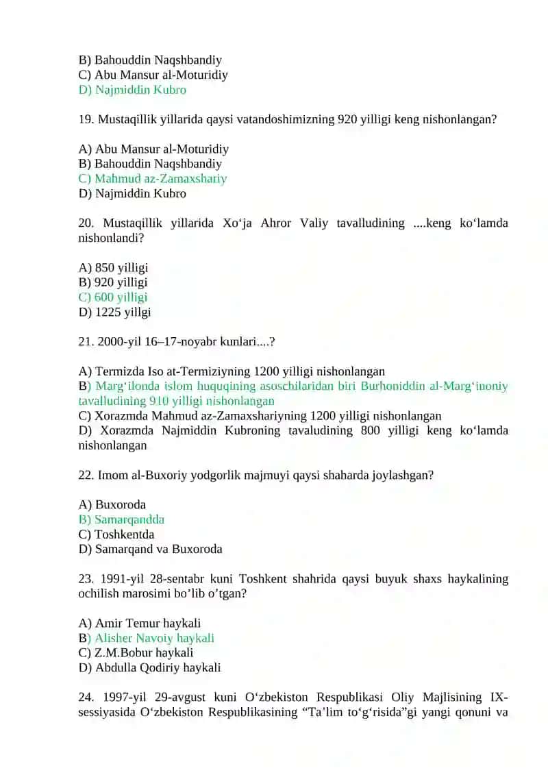 Mustaqillik yillarida O‘zbekistondagi ma’naviy va madaniy taraqqiyot. test savollari 4