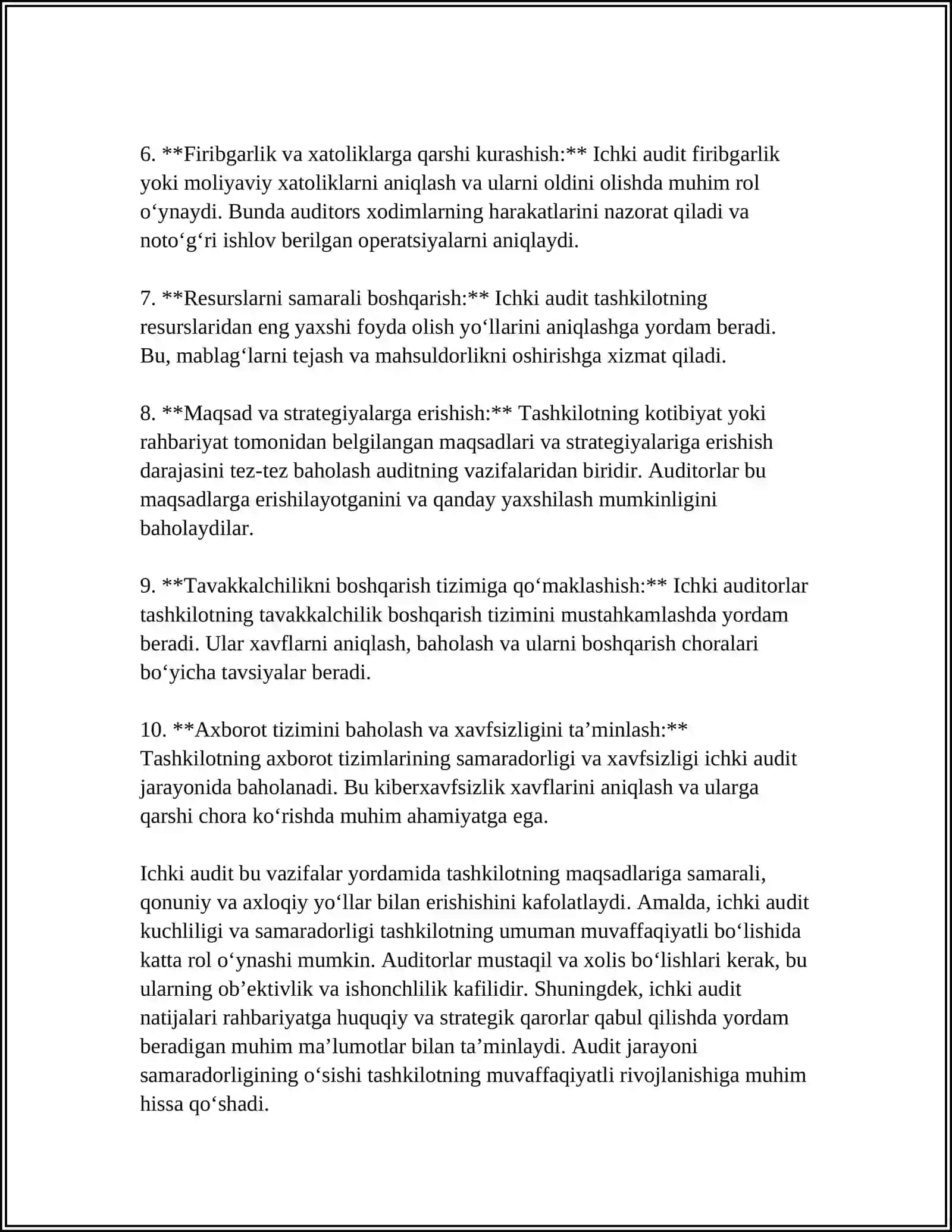 ICHKI AUDIT ISHI NATIJALARIDAN FOYDALANISH 4