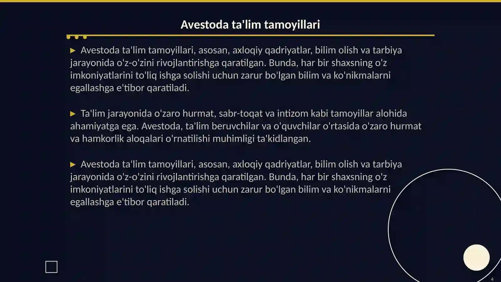 Avestoda eng qadimgi yozma manbalarda talim tarbiyaga oid fikrlar 4