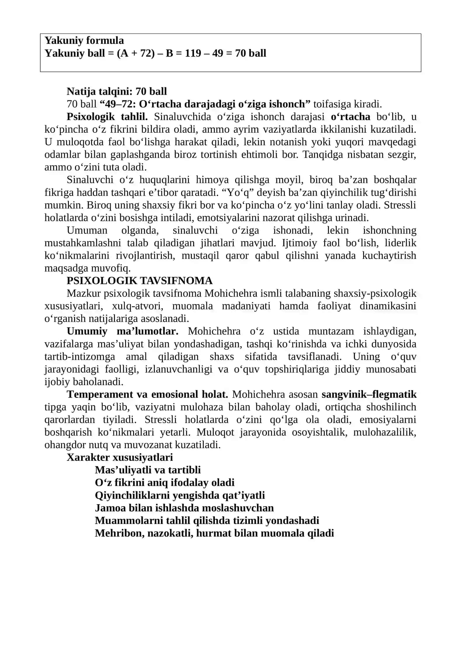 Sport psixologiyasi fanidan yo‘nalish talabalari uchun “O‘ziga ishonch testi” 4