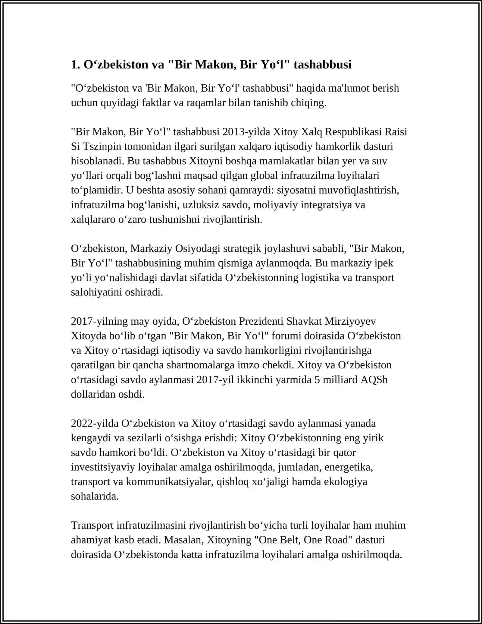 O‘ZBEKISTON "BIR MAKON BIR YO‘L" XALQARO FORUMINING ISHTIROKCHISI 4