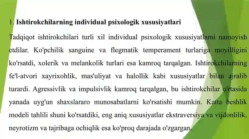 Shaxslararo munosabatlarni aniqlashda psixikadiagnostik metodlardan foydalanish. 4
