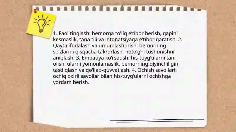Muloqotning asosiy printsiplari ogʻir va oʻlayotgan bemor bilan 4