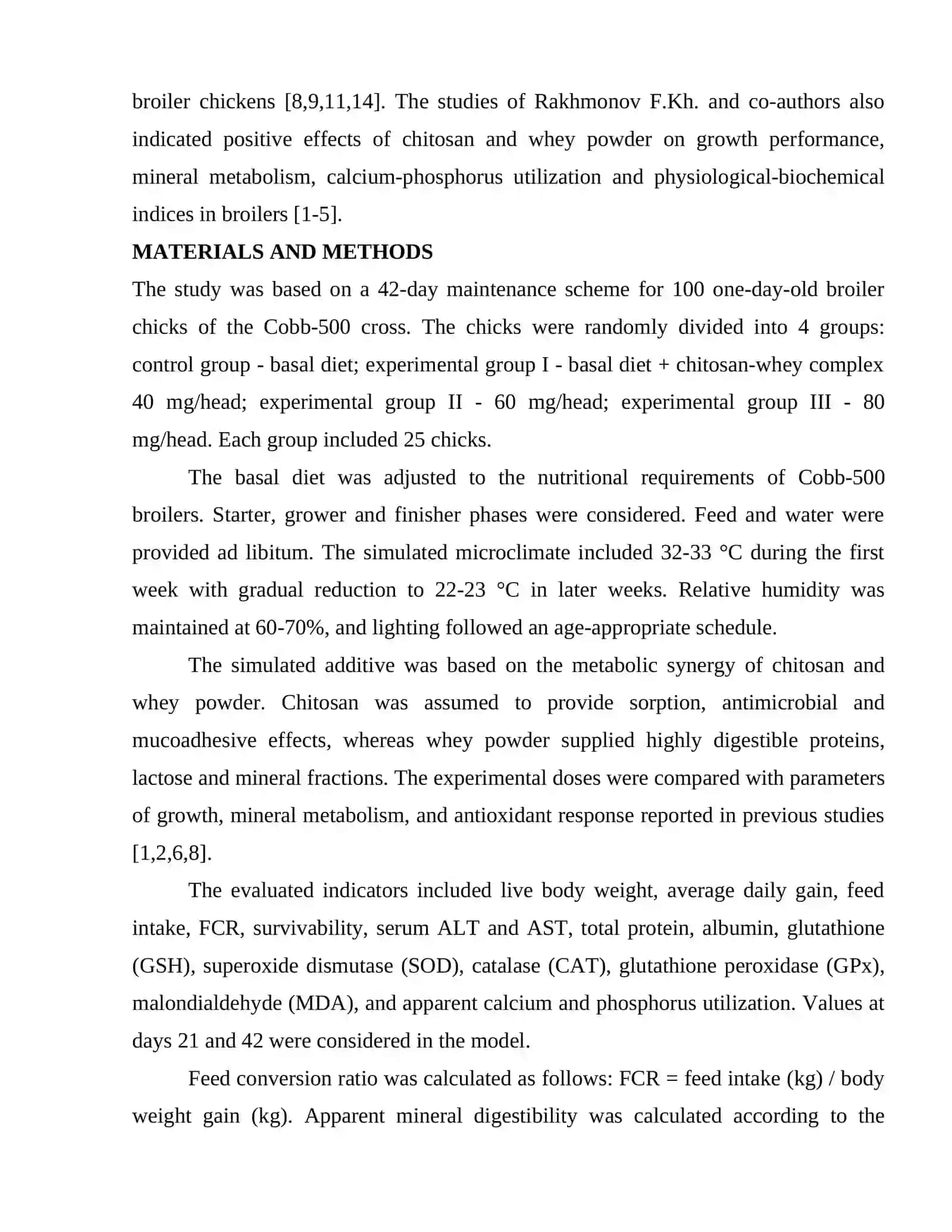 EFFECT OF A CHITOSAN AND WHEY POWDER COMPLEX ON LIVER METABOLISM, ANTIOXIDANT STATUS AND DETOXIFICATION PROCESSES IN COBB-500 BROILER CHICKENS 4