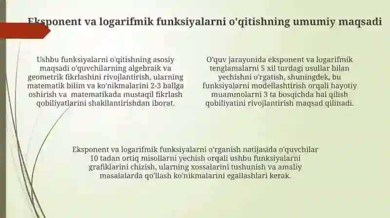 Koʻrsatgichli va logarifmik funksiyalar oʻqitish metodikasi 4