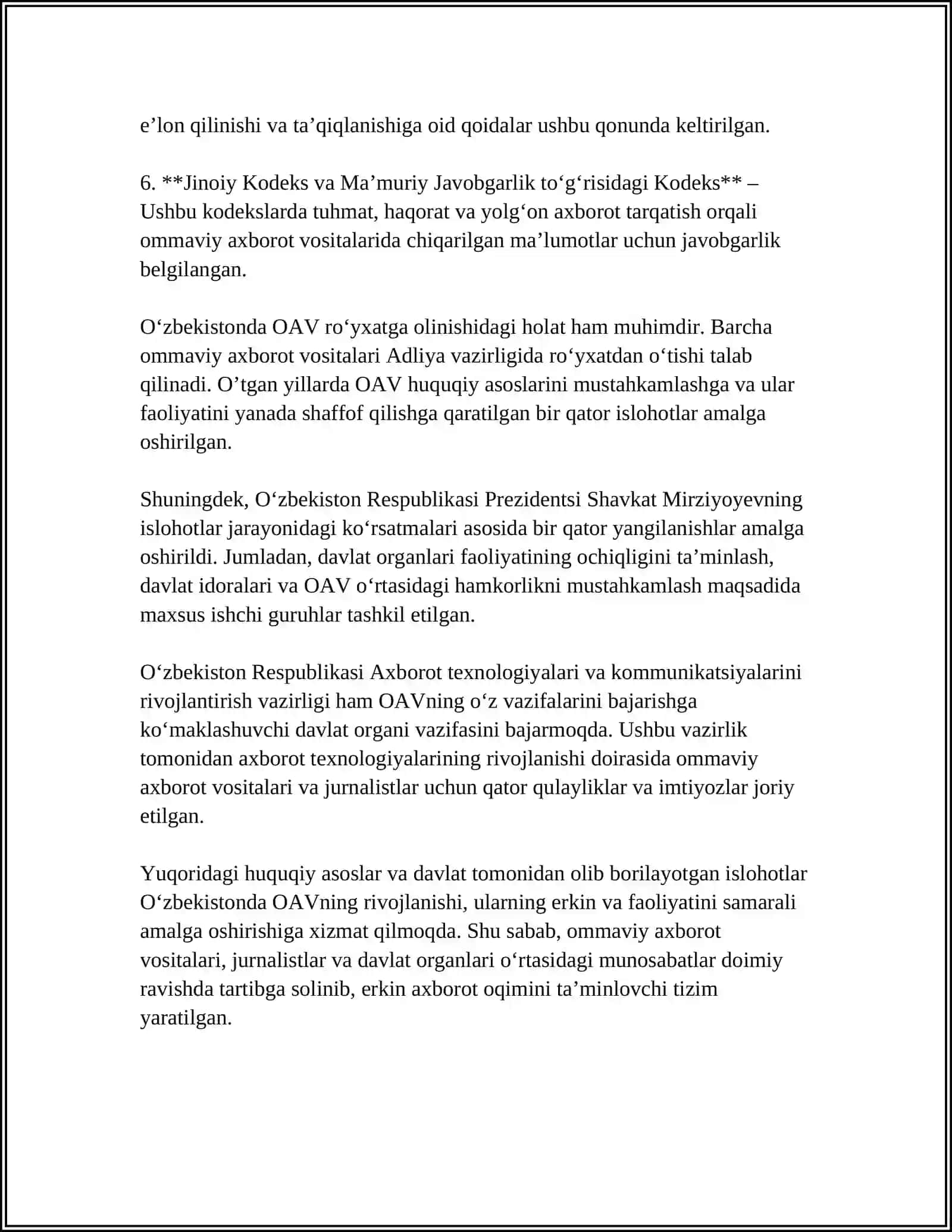 Oʻzbekistonda ommaviy axborot vositalarining huquqiy asoslari 4
