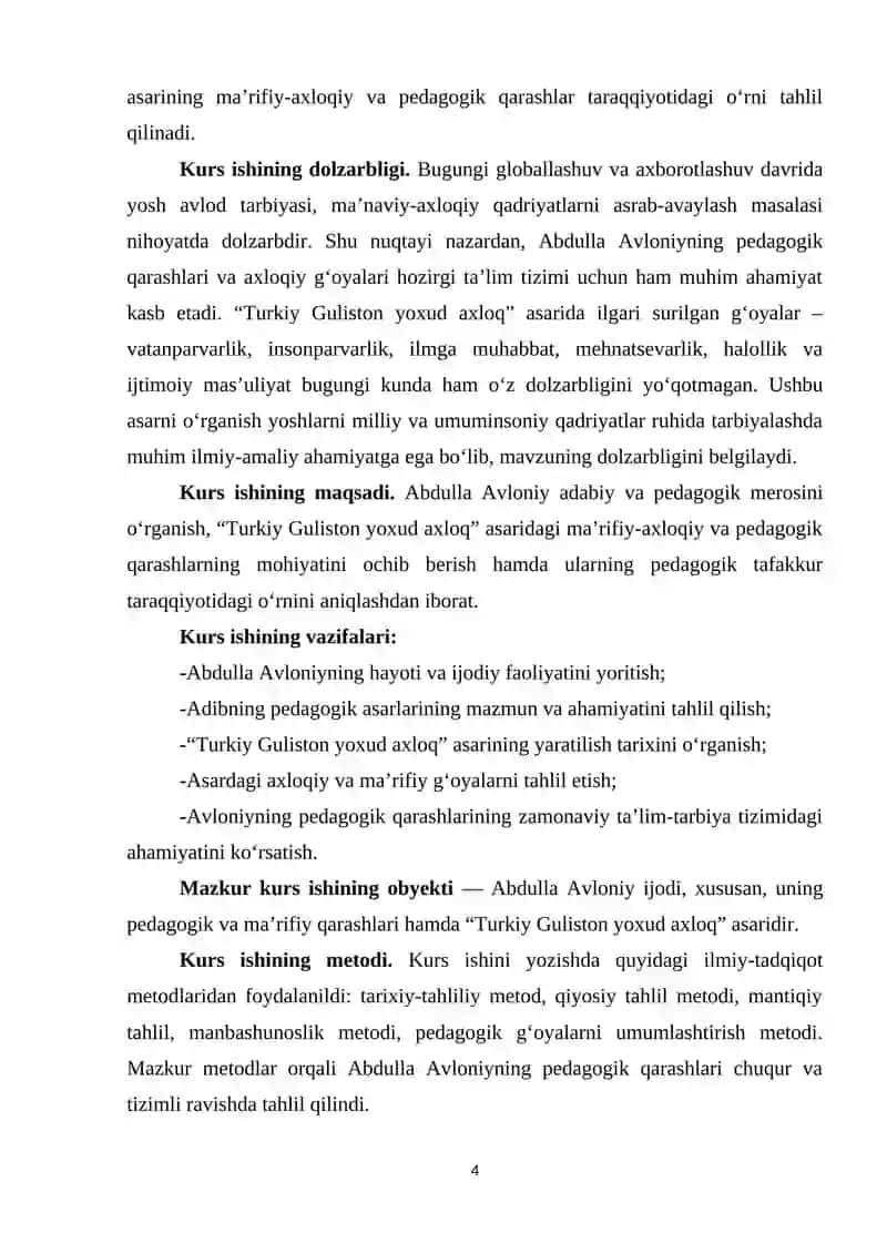 АBDULLА АVLОNIY АDАBIY MERОSI. PEDАGОGIK АSАRLАRI. “TURKIY GULISTОN YОXUD АXLОQ” АSАRINING MА’RIFIY-АXLОQIY VА PEDАGОGIK QАRАSHLАR TАRАQQIYОTIDАGI ОʻRNI 4