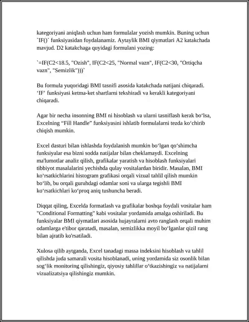 TIBBIYOT MASALALARINI YECHISHDA MIKROSOFT EXCEL DA FORMULALARDA ISHLASH 4